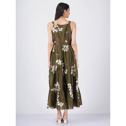 ARCVSH by Pallavi Singh Olive Ivy Petal Print Tiered Dress with Slip (Set of 2)