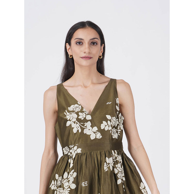 ARCVSH by Pallavi Singh Olive Ivy Petal Print Tiered Dress with Slip (Set of 2)