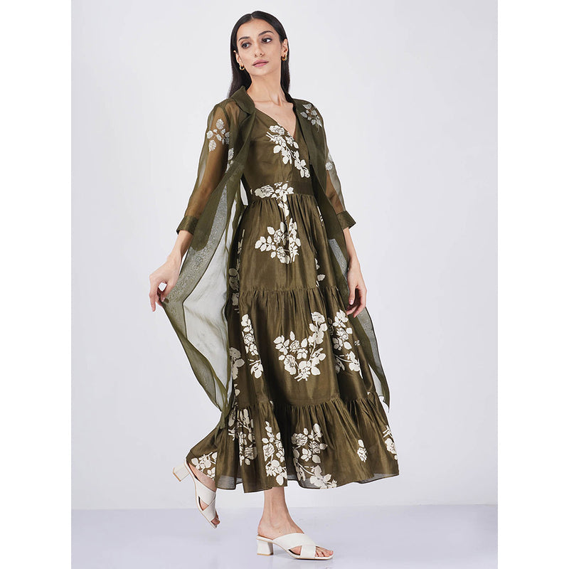 ARCVSH by Pallavi Singh Ivy Petal Print Tier Olive Dress with Organza Jacket (Set of 2)
