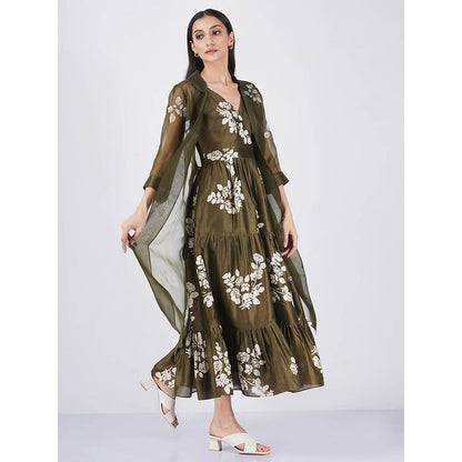 ARCVSH by Pallavi Singh Ivy Petal Print Tier Olive Dress with Organza Jacket (Set of 2)