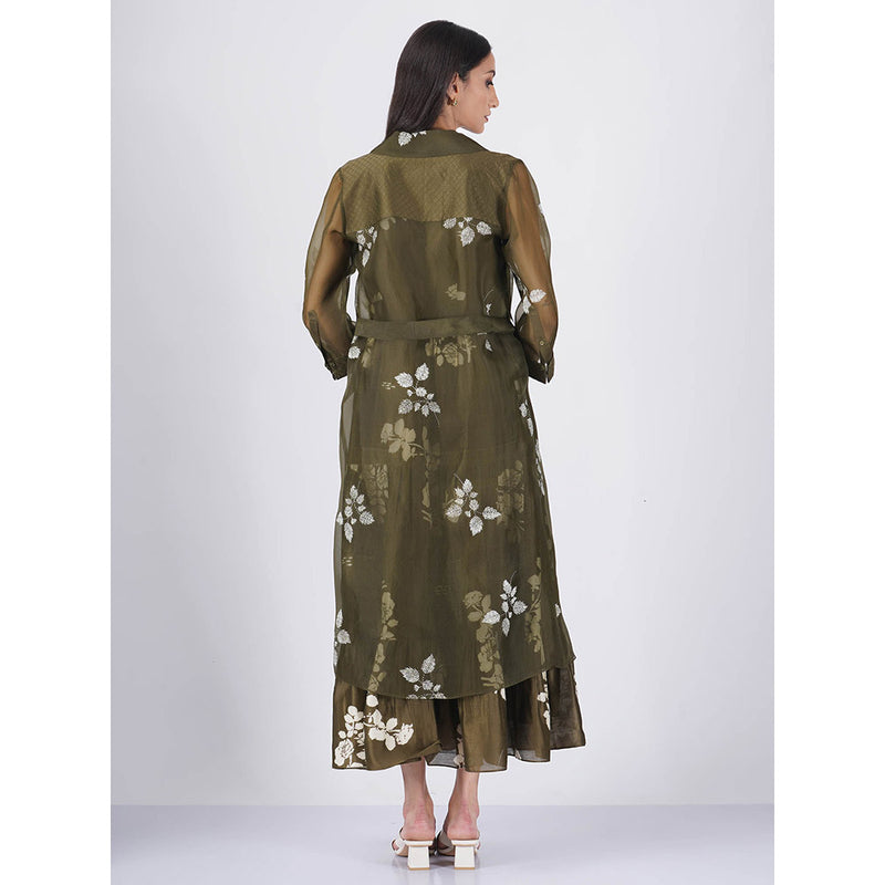 ARCVSH by Pallavi Singh Ivy Petal Print Tier Olive Dress with Organza Jacket (Set of 2)