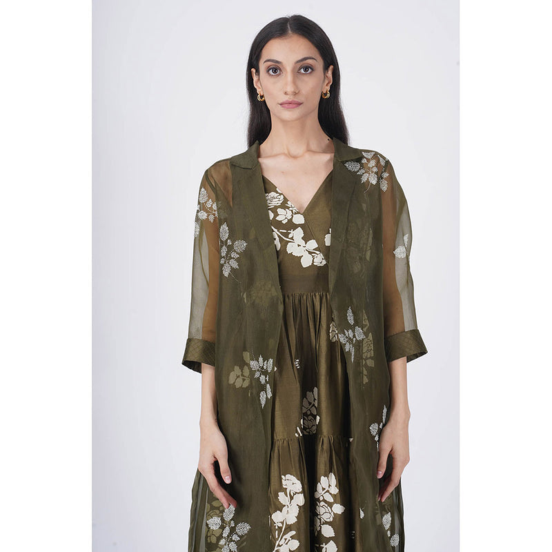 ARCVSH by Pallavi Singh Ivy Petal Print Tier Olive Dress with Organza Jacket (Set of 2)