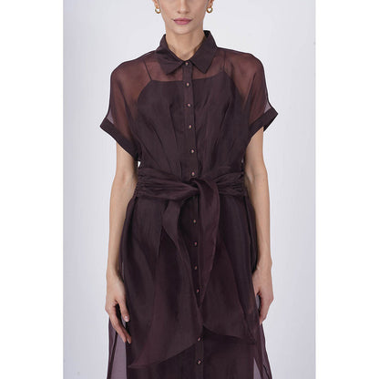 ARCVSH by Pallavi Singh Solid Strap Purple Dress with Pleated Tie-Up Overlay (Set of 2)