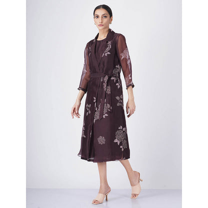 ARCVSH by Pallavi Singh Rose Print Organza Purple Jacket with Solid Dress & Belt (Set of 3)