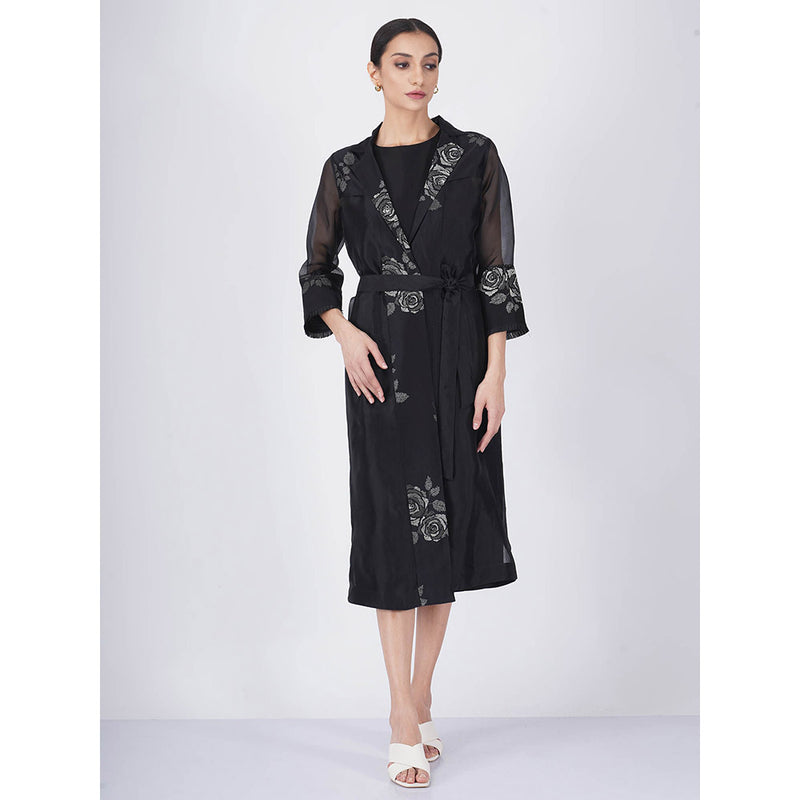 ARCVSH by Pallavi Singh Monochrome Rose Organza Black Jacket with Jumpsuit & Belt (Set of 3)
