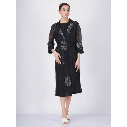 ARCVSH by Pallavi Singh Monochrome Rose Organza Black Jacket with Jumpsuit & Belt (Set of 3)