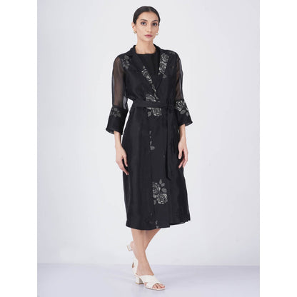 ARCVSH by Pallavi Singh Monochrome Rose Organza Black Jacket with Jumpsuit & Belt (Set of 3)