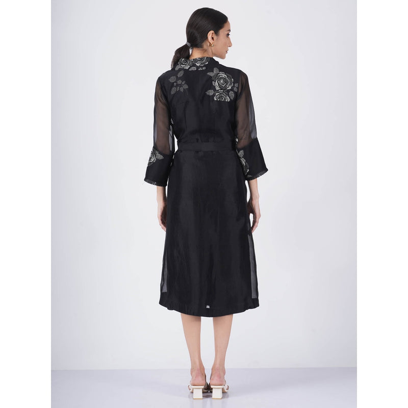ARCVSH by Pallavi Singh Monochrome Rose Organza Black Jacket with Jumpsuit & Belt (Set of 3)