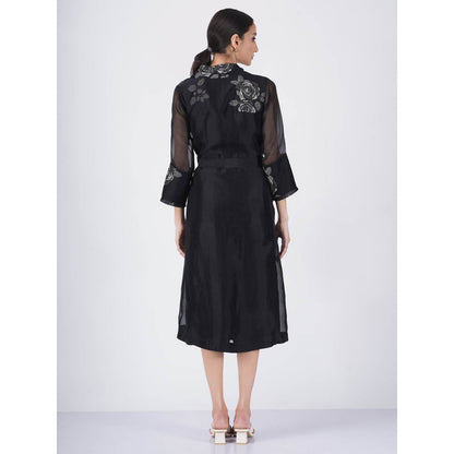 ARCVSH by Pallavi Singh Monochrome Rose Organza Black Jacket with Jumpsuit & Belt (Set of 3)