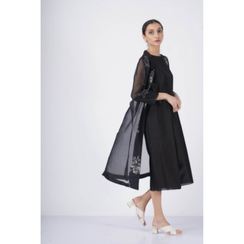 ARCVSH by Pallavi Singh Monochrome Rose Organza Black Jacket with Jumpsuit & Belt (Set of 3)