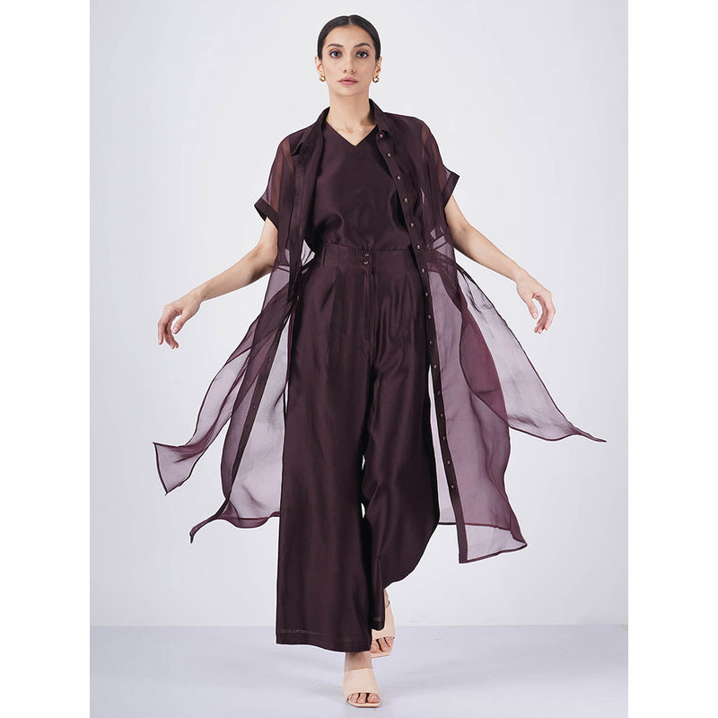 ARCVSH by Pallavi Singh Purple V-Neck Top with Straight Pant & Organza Jacket (Set of 3)