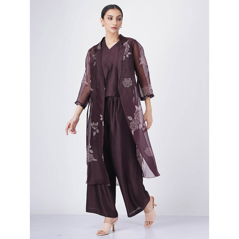 ARCVSH by Pallavi Singh Purple V-Neck Top with Straight Pants & Rose Organza Jacket (Set of 3)