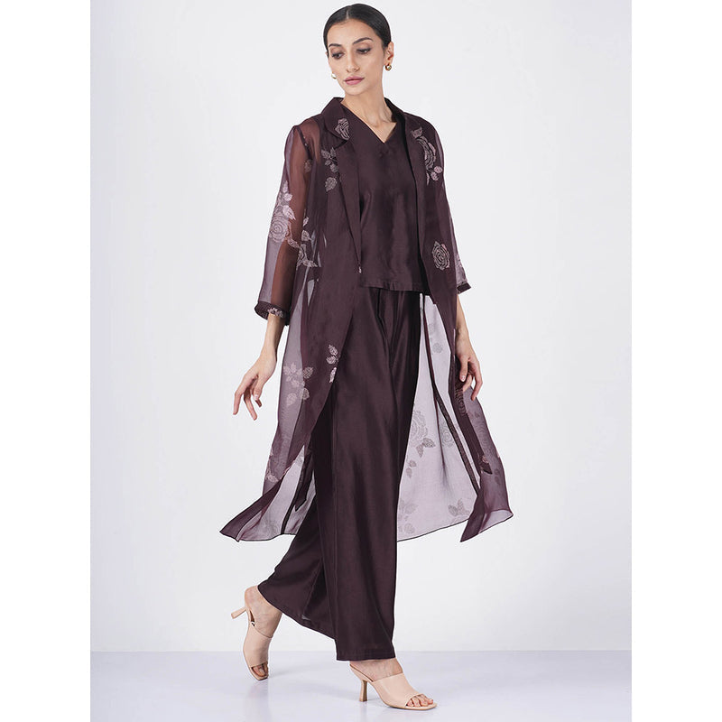 ARCVSH by Pallavi Singh Purple V-Neck Top with Straight Pants & Rose Organza Jacket (Set of 3)