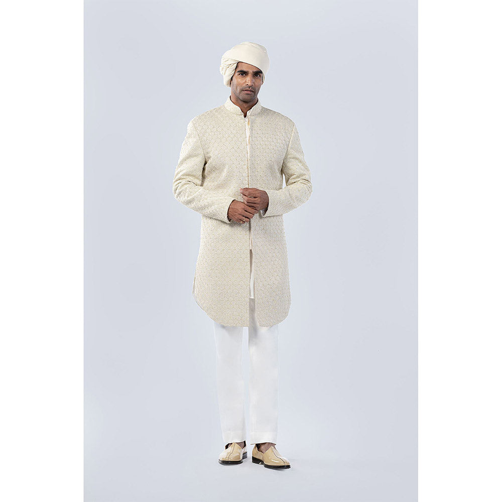 Arjun Kilachand Ivory Scalap Bead and French Knot Embroidered Sherwani (Set of 2)