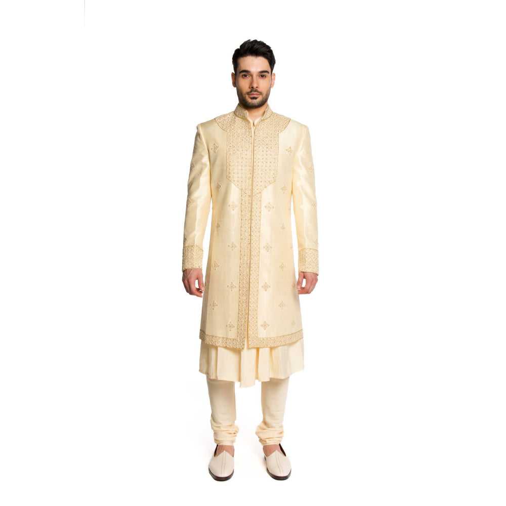 Arjun Kilachand Beige Beads All Over Motifs Sherwani with Kurta and Churidar (Set of 3)