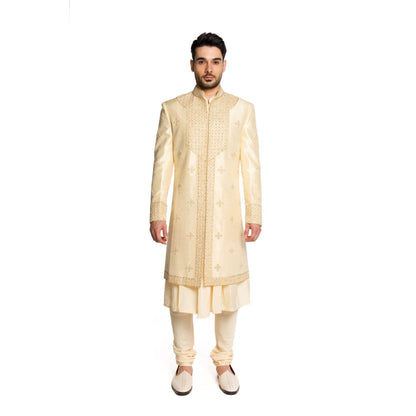 Arjun Kilachand Beige Beads All Over Motifs Sherwani with Kurta and Churidar (Set of 3)