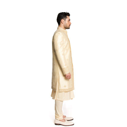 Arjun Kilachand Beige Beads All Over Motifs Sherwani with Kurta and Churidar (Set of 3)