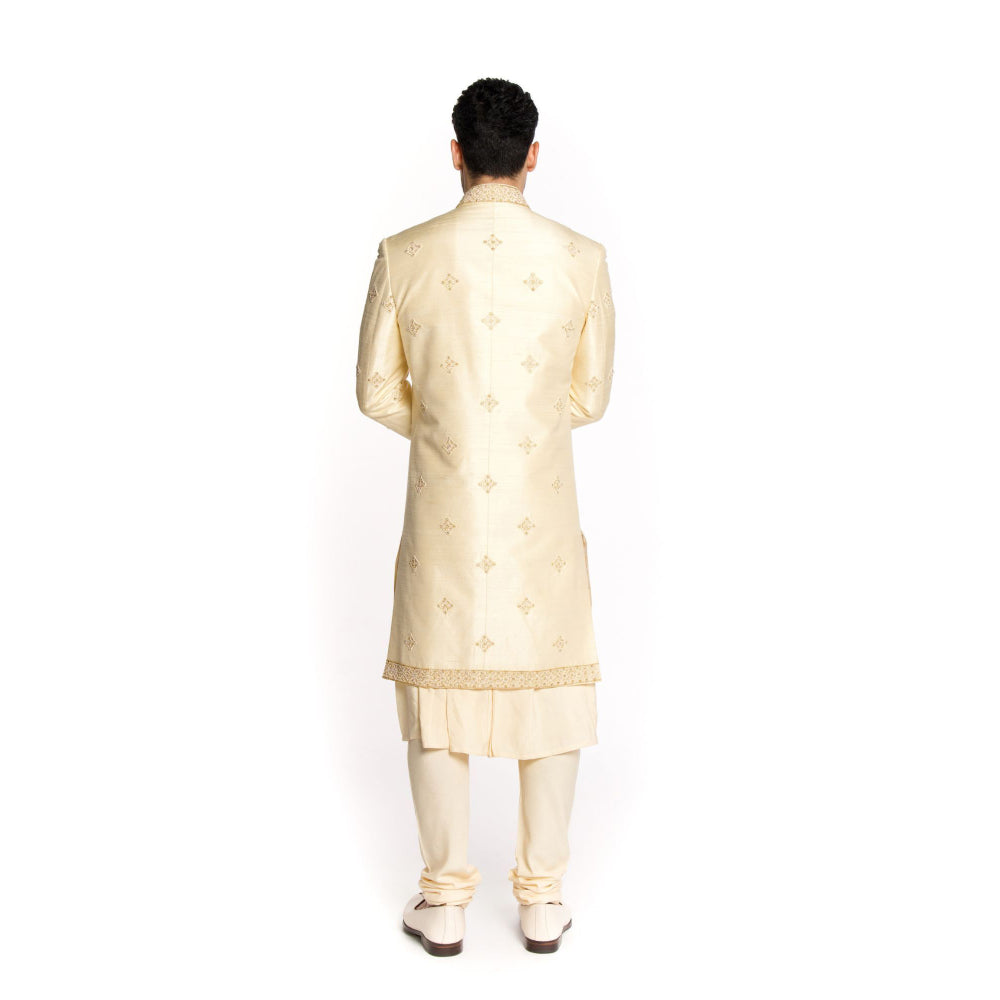 Arjun Kilachand Beige Beads All Over Motifs Sherwani with Kurta and Churidar (Set of 3)