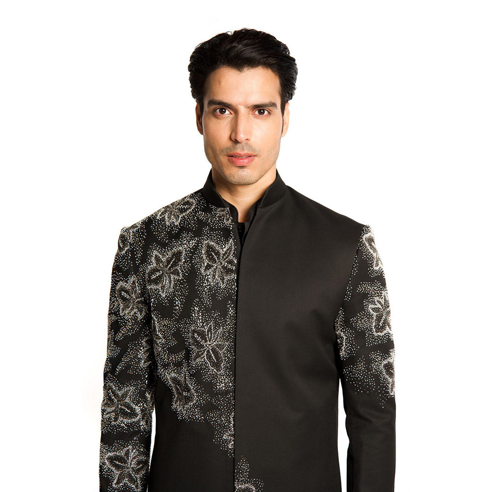 Arjun Kilachand Black Bead Cut Dana Embroidered Placement Sherwani with Pant (Set of 2)