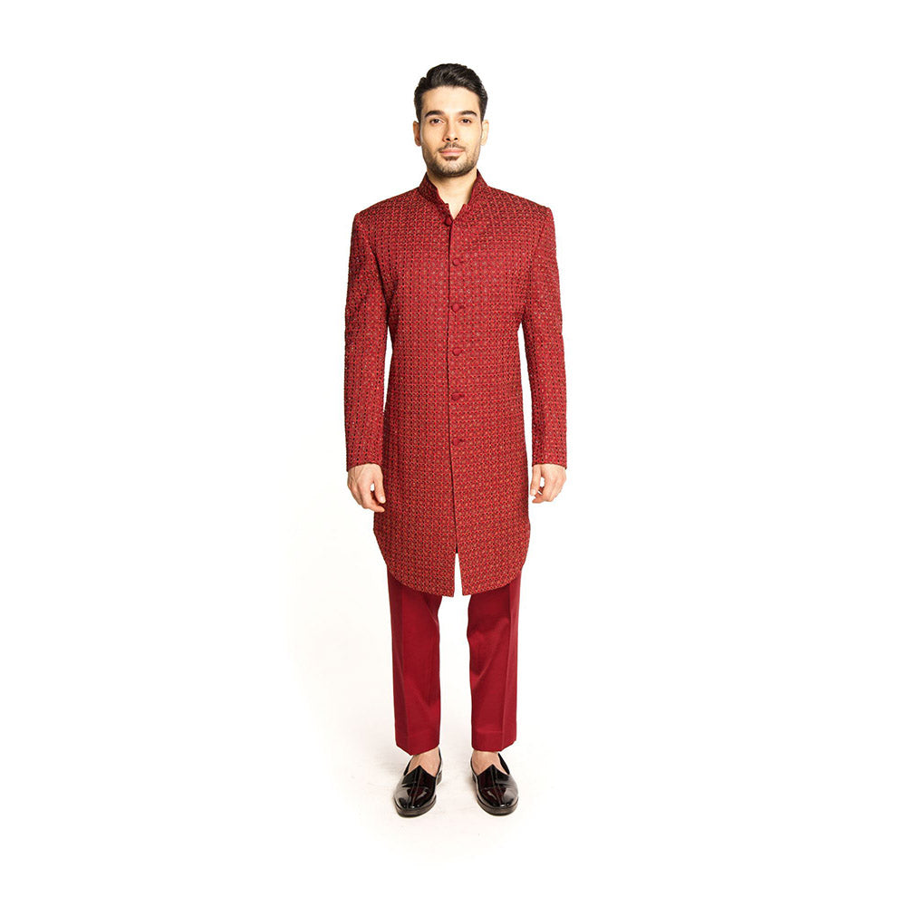Arjun Kilachand Maroon Resham Thread Work and Embroidered Sherwani with Pant (Set of 2)