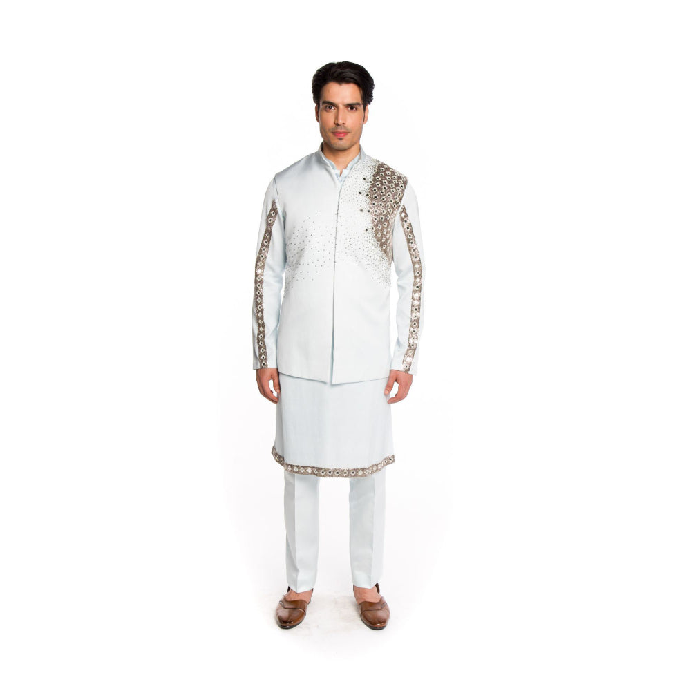 Arjun Kilachand Frozen Blue Embroidered Bundi Jacket with Kurta and Pant (Set of 3)