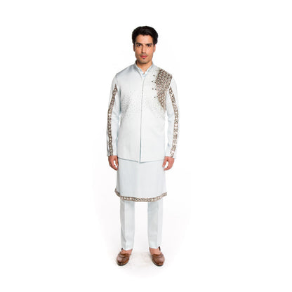 Arjun Kilachand Frozen Blue Embroidered Bundi Jacket with Kurta and Pant (Set of 3)