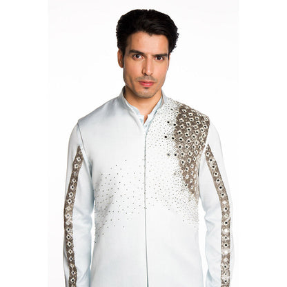 Arjun Kilachand Frozen Blue Embroidered Bundi Jacket with Kurta and Pant (Set of 3)