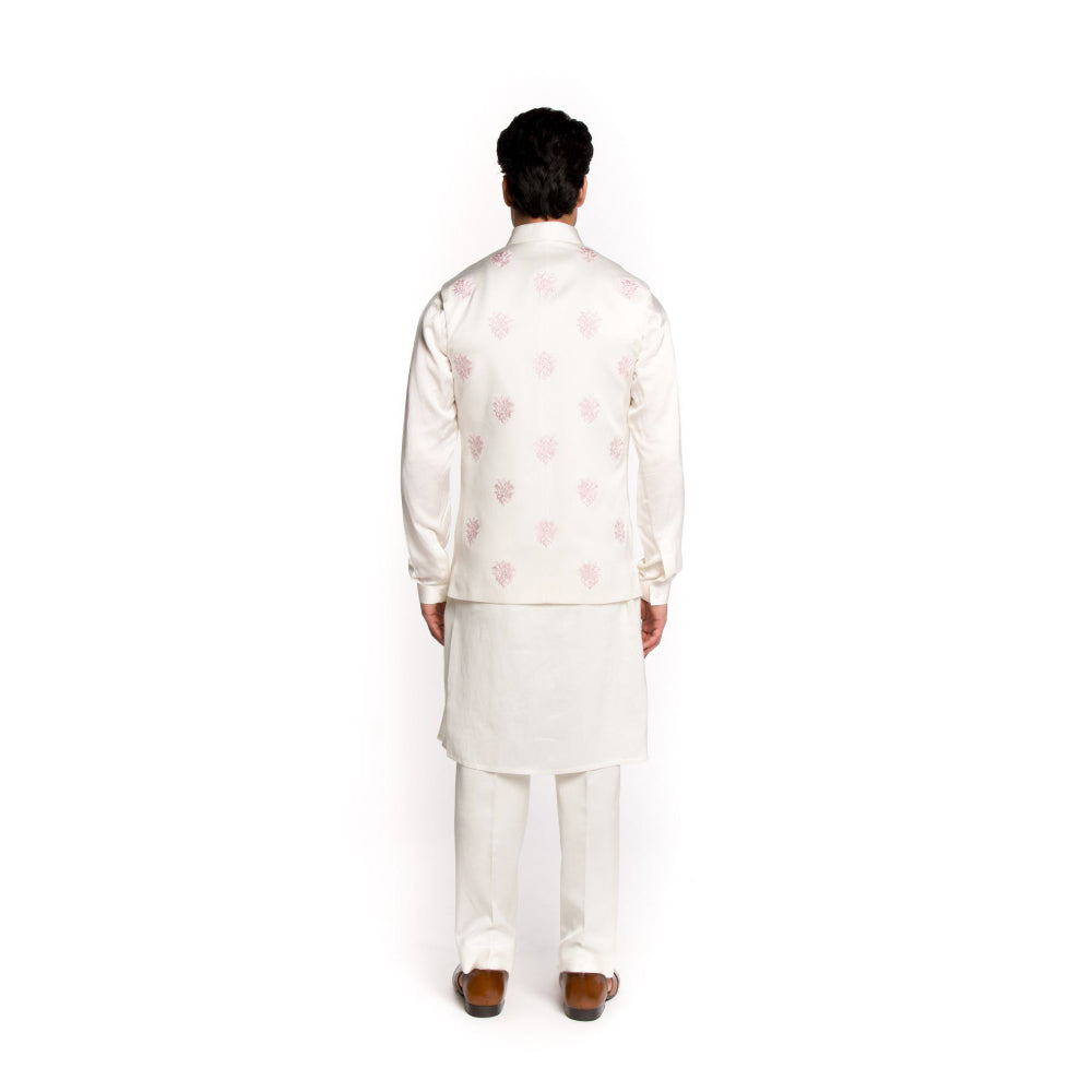 Arjun Kilachand Ivory All Over Motifs Embroidered Bundi Jacket with Kurta and Pant (Set of 3)