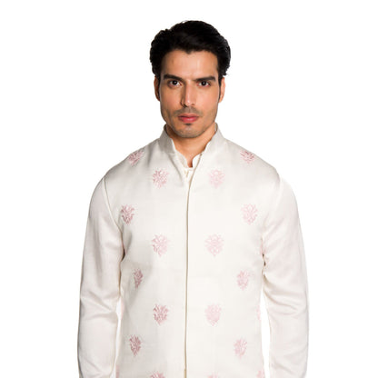 Arjun Kilachand Ivory All Over Motifs Embroidered Bundi Jacket with Kurta and Pant (Set of 3)