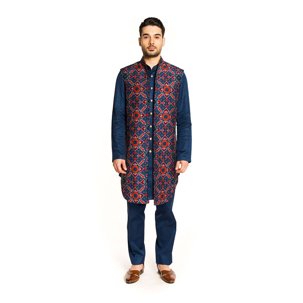 Arjun Kilachand Navy Blue Patola Open Long Bundi Jacket with Kurta and Pant (Set of 3)