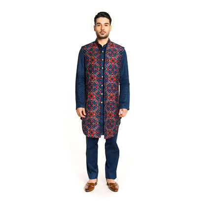 Arjun Kilachand Navy Blue Patola Open Long Bundi Jacket with Kurta and Pant (Set of 3)