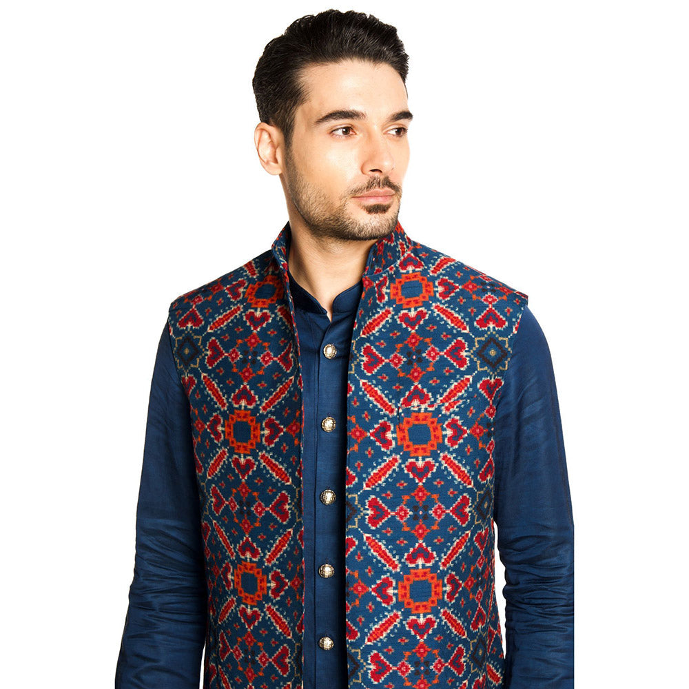 Arjun Kilachand Navy Blue Patola Open Long Bundi Jacket with Kurta and Pant (Set of 3)