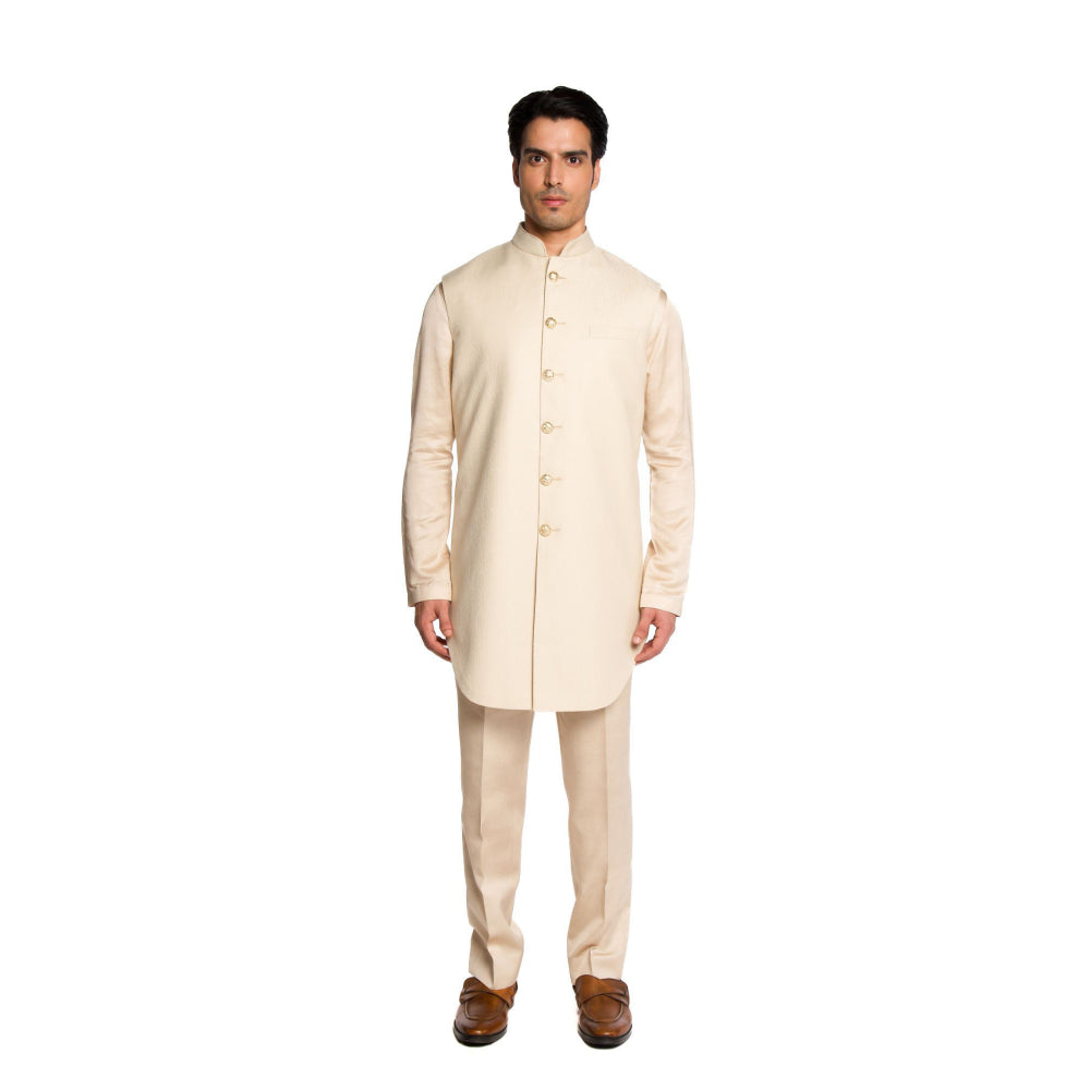 Arjun Kilachand Cream Jacquard Bucket Cut Long Bundi Jacket with Kurta and Pant (Set of 3)