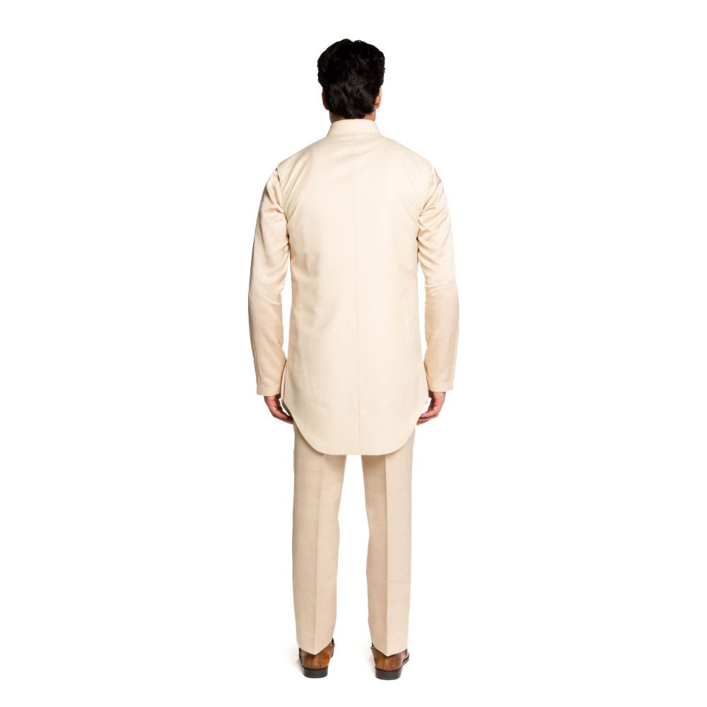 Arjun Kilachand Cream Jacquard Bucket Cut Long Bundi Jacket with Kurta and Pant (Set of 3)