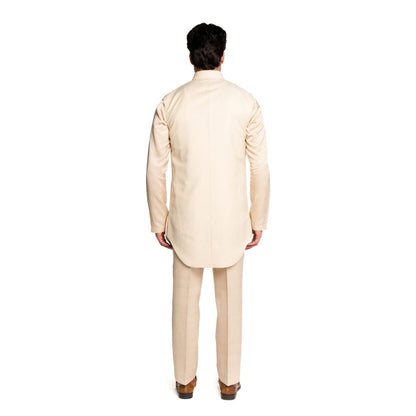 Arjun Kilachand Cream Jacquard Bucket Cut Long Bundi Jacket with Kurta and Pant (Set of 3)