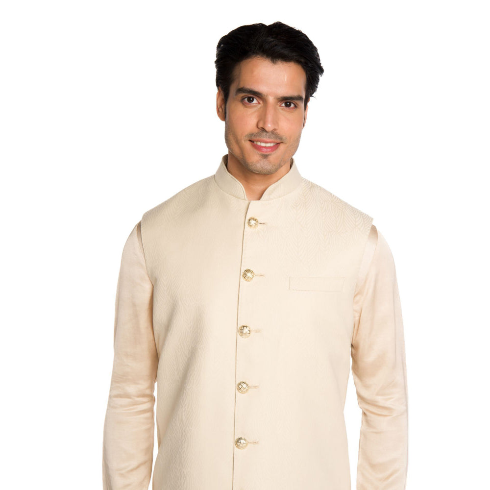 Arjun Kilachand Cream Jacquard Bucket Cut Long Bundi Jacket with Kurta and Pant (Set of 3)