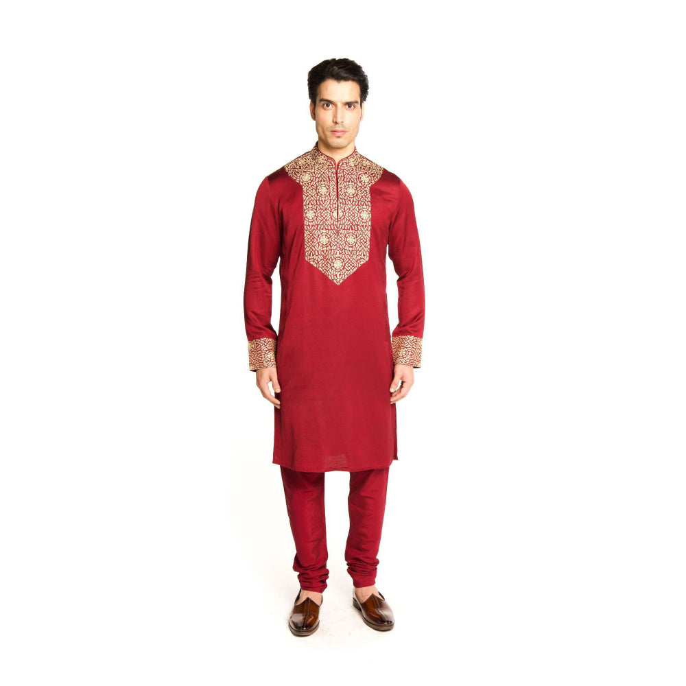 Arjun Kilachand Maroon Marodi Embroidered Kurta with Churidar (Set of 2)