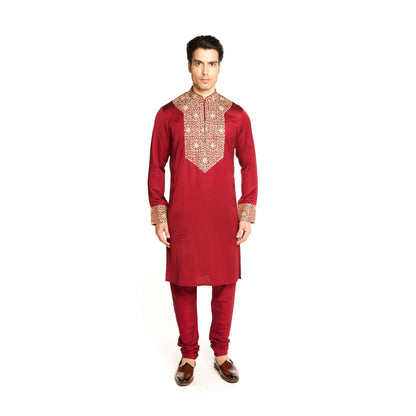 Arjun Kilachand Maroon Marodi Embroidered Kurta with Churidar (Set of 2)