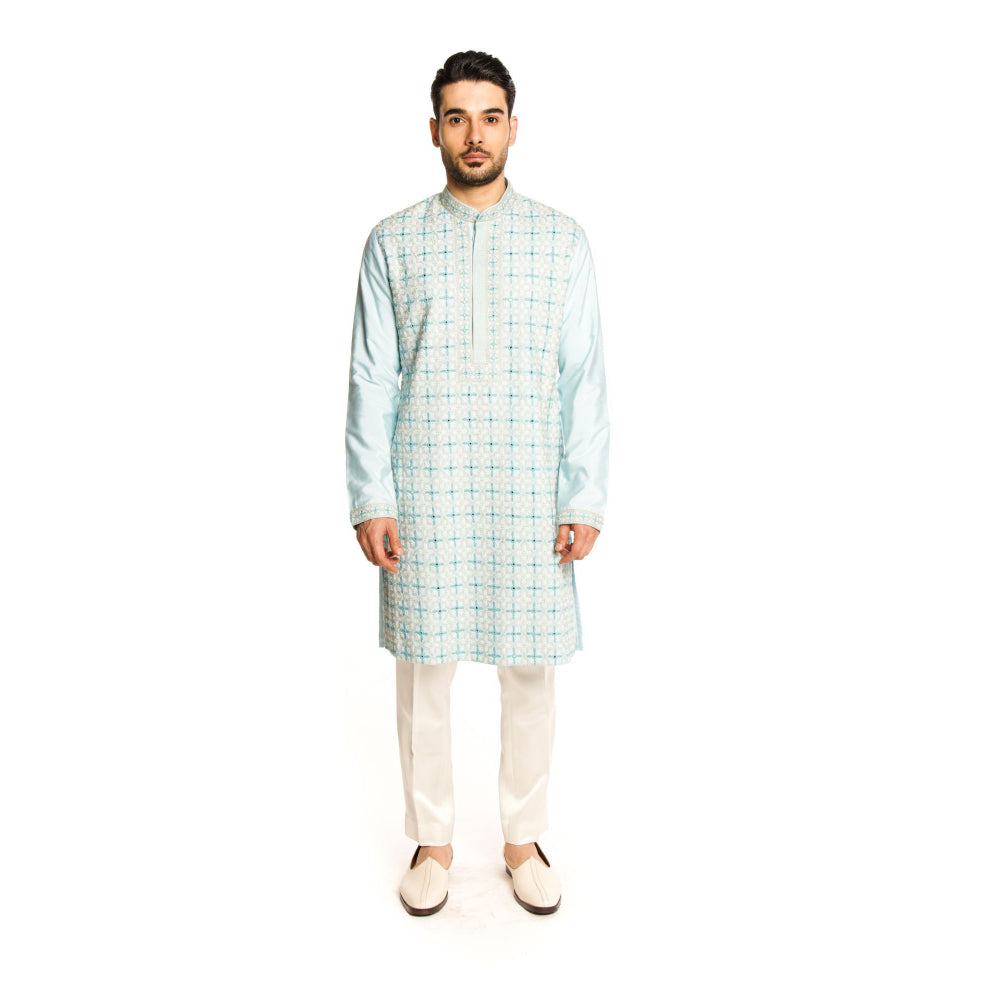 Arjun Kilachand Frozen Blue Mirror Thread Work Embroidered Kurta with Pant (Set of 2)