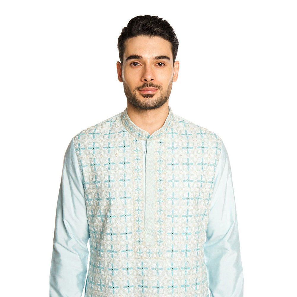Arjun Kilachand Frozen Blue Mirror Thread Work Embroidered Kurta with Pant (Set of 2)