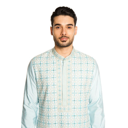 Arjun Kilachand Frozen Blue Mirror Thread Work Embroidered Kurta with Pant (Set of 2)
