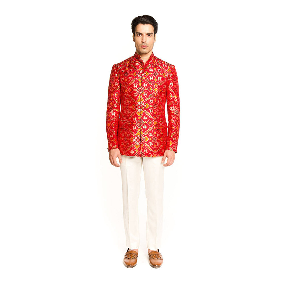 Arjun Kilachand Red Patola Bandgala with Pant (Set of 2)