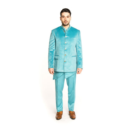 Arjun Kilachand Turquoise Velvet Classic Bandgala with Kurta and Pant (Set of 3)