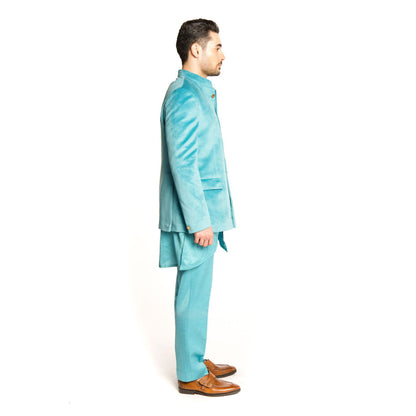 Arjun Kilachand Turquoise Velvet Classic Bandgala with Kurta and Pant (Set of 3)