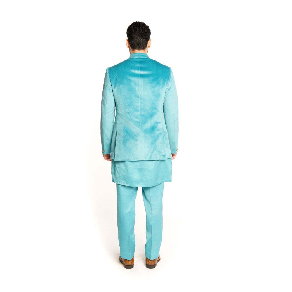 Arjun Kilachand Turquoise Velvet Classic Bandgala with Kurta and Pant (Set of 3)