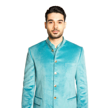 Arjun Kilachand Turquoise Velvet Classic Bandgala with Kurta and Pant (Set of 3)