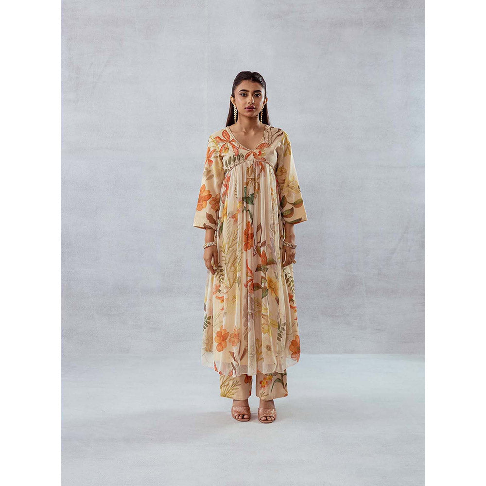 AROOP SHOP INDIA Women Beige Floral Anarkali Kurta with Pant (Set of 2)