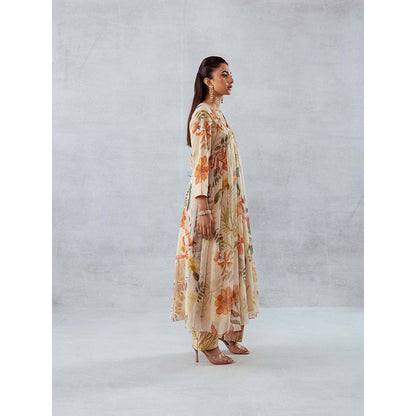 AROOP SHOP INDIA Women Beige Floral Anarkali Kurta with Pant (Set of 2)