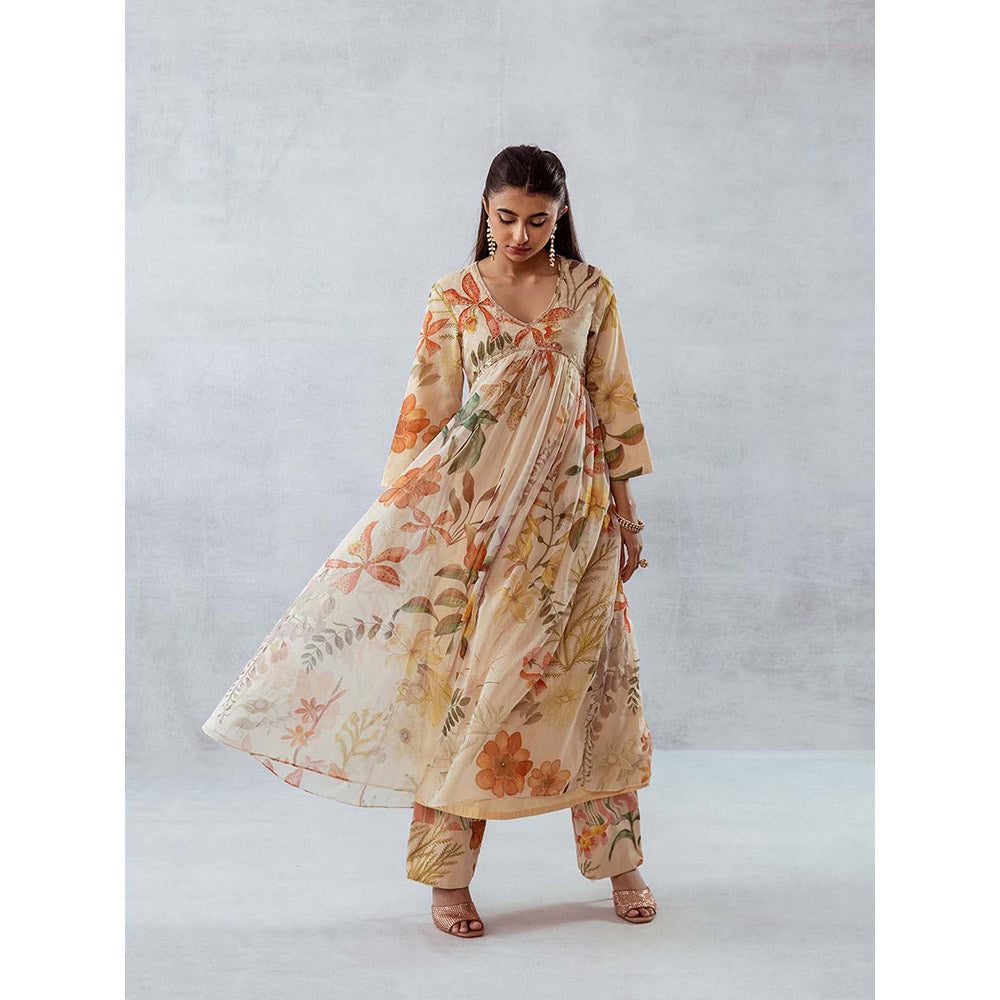 AROOP SHOP INDIA Women Beige Floral Anarkali Kurta with Pant (Set of 2)
