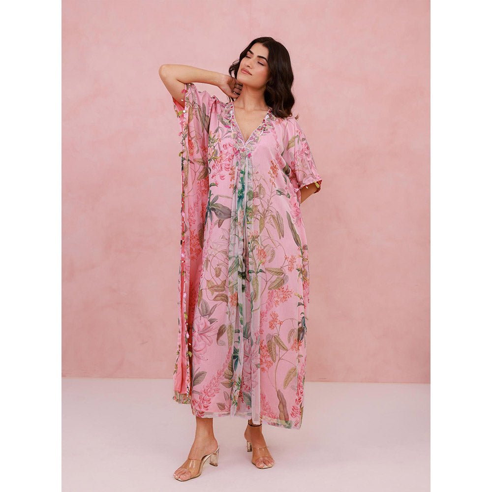 AROOP SHOP INDIA Pink Freesia Floral Kaftan with Pant